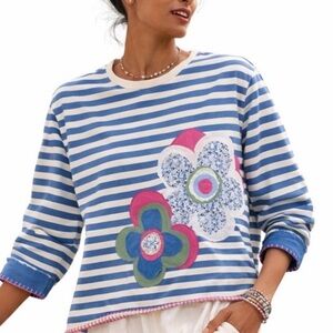 Boho Striped Floral Patch Top Oversized Ice Blue White Raw Edge Hand Stitch M/L